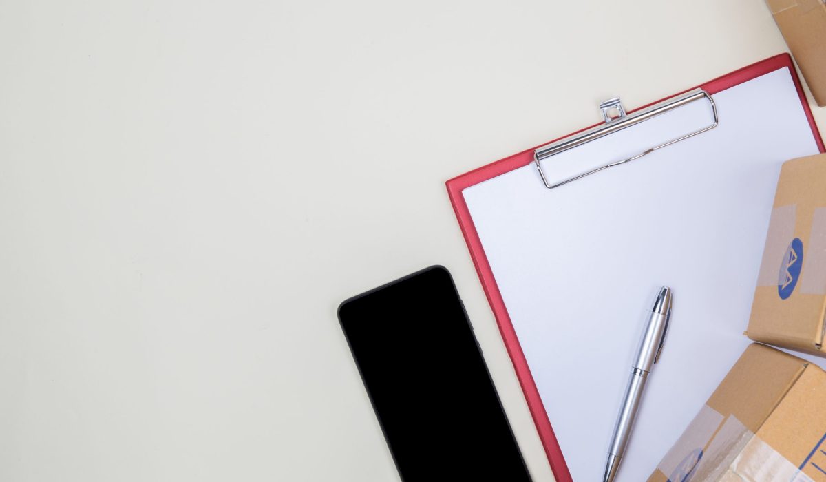 Flat lay, top view office table desk. Workspace background